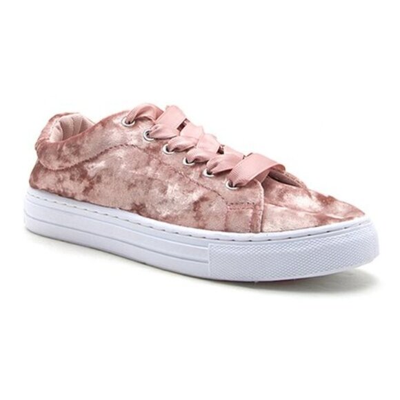 Qupid Pink Crush Velvet Satin Tie Sneakers - Picture 1 of 8